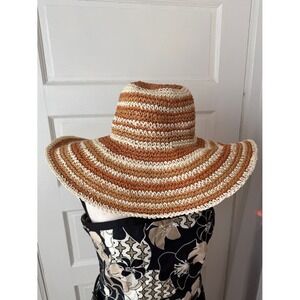 Laundry By Shelli Segal Wide Brim Floppy‎ Sun Hat Striped Tan Cream Boho Beach